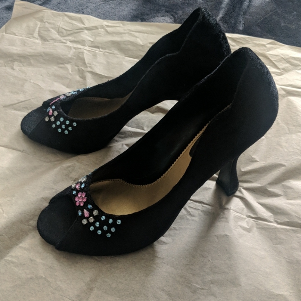 Bejeweled Velour Curved Peep Toe Heels